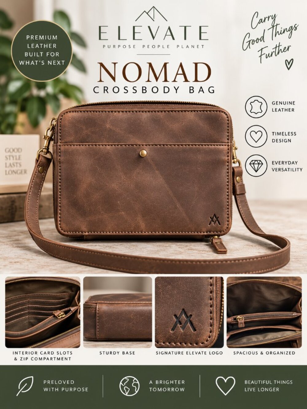 Elevate Nomad Classic Chestnut Full Grain Leather Crossbody